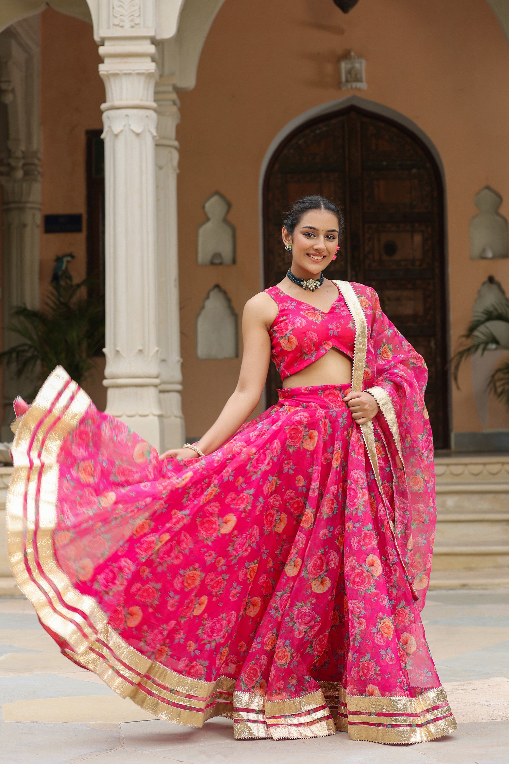 Pink Organza Floral Print Lehenga Set