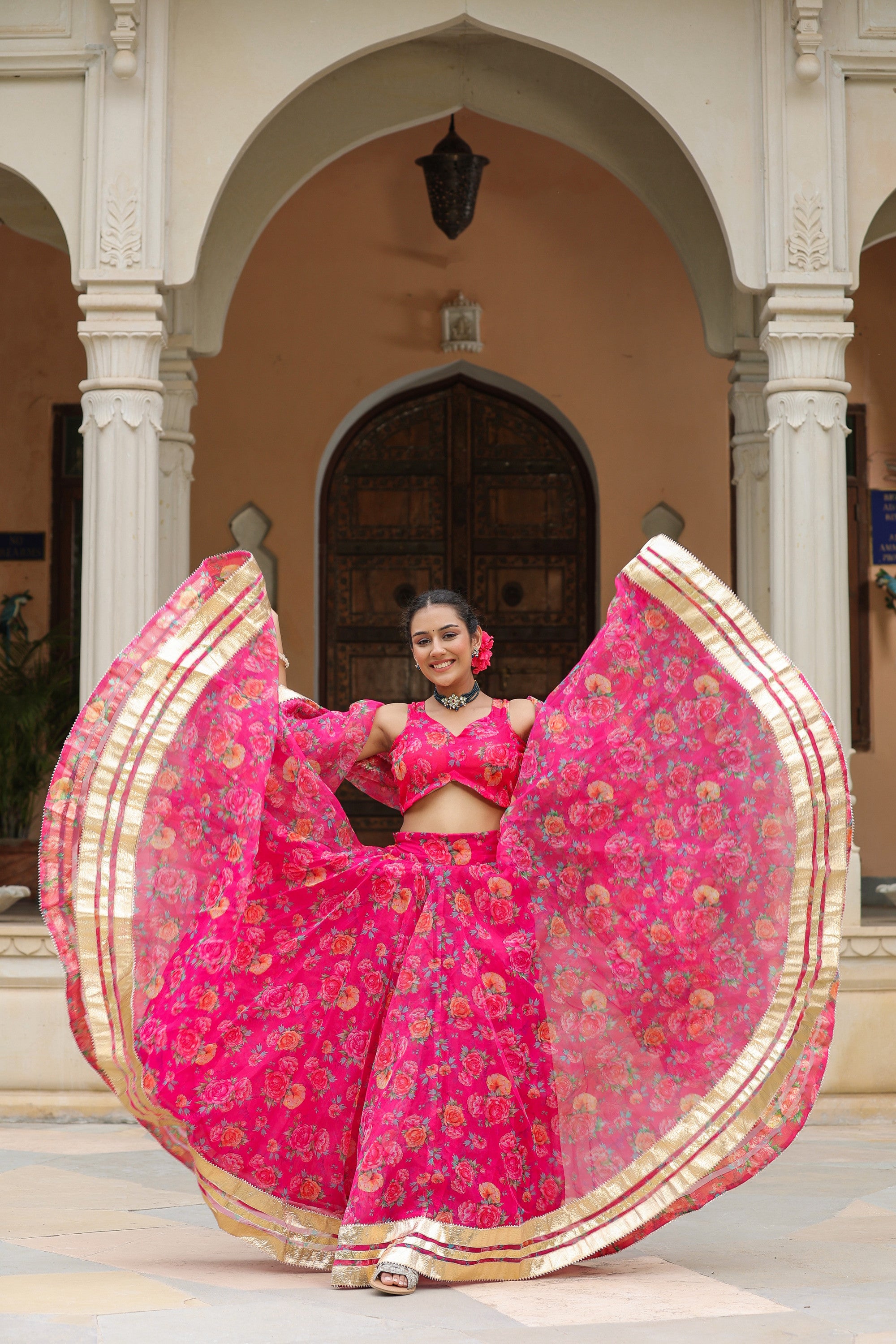 Pink Organza Floral Print Lehenga Set