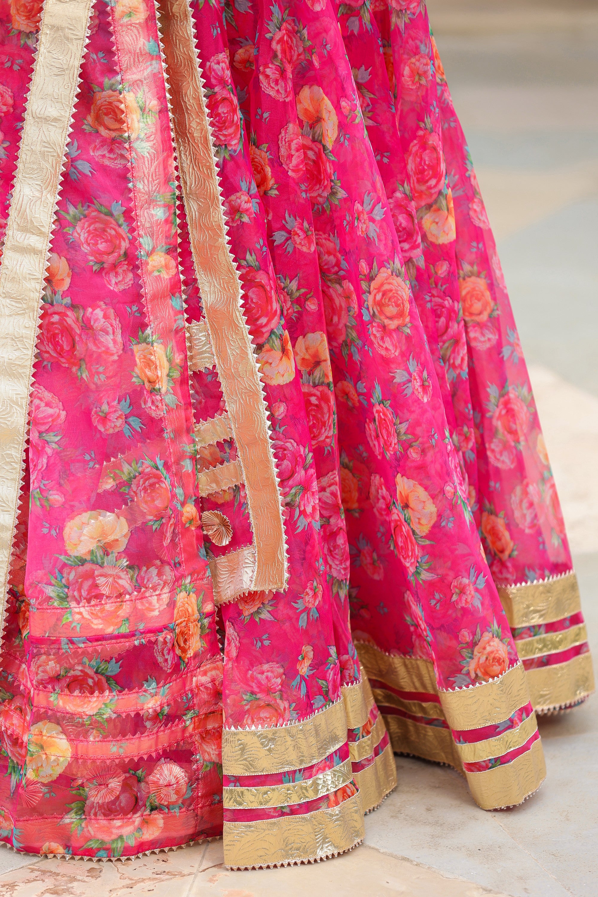 Pink Organza Floral Print Lehenga Set