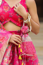 Pink Organza Floral Print Lehenga Set
