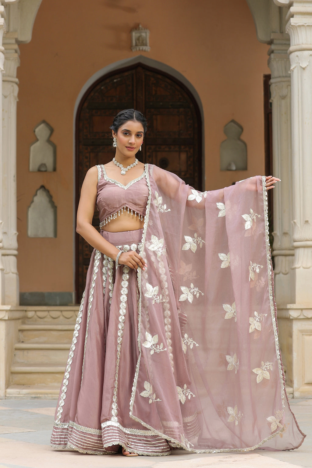 Thatch Pink Gota Lace Work Natural Creape  Lehenga Set