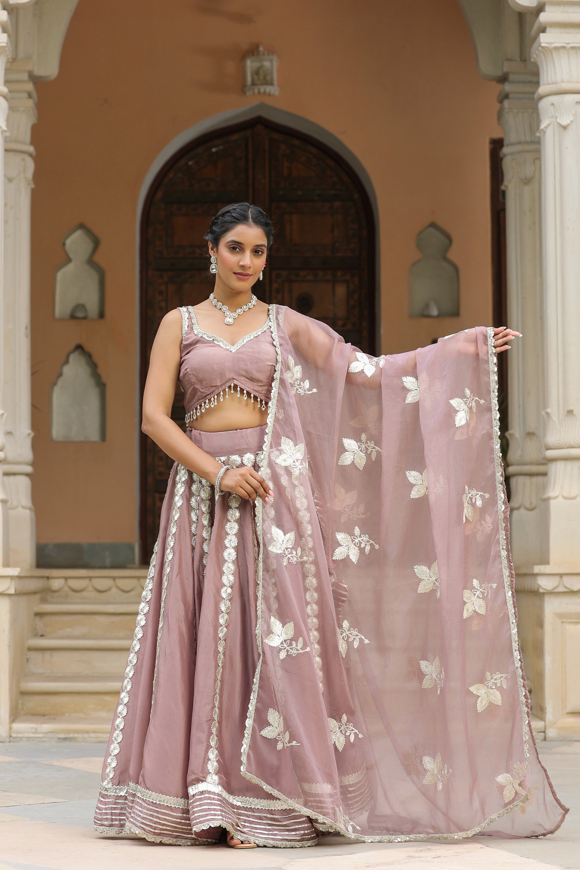 Thatch Pink Gota Lace Work Natural Creape  Lehenga Set