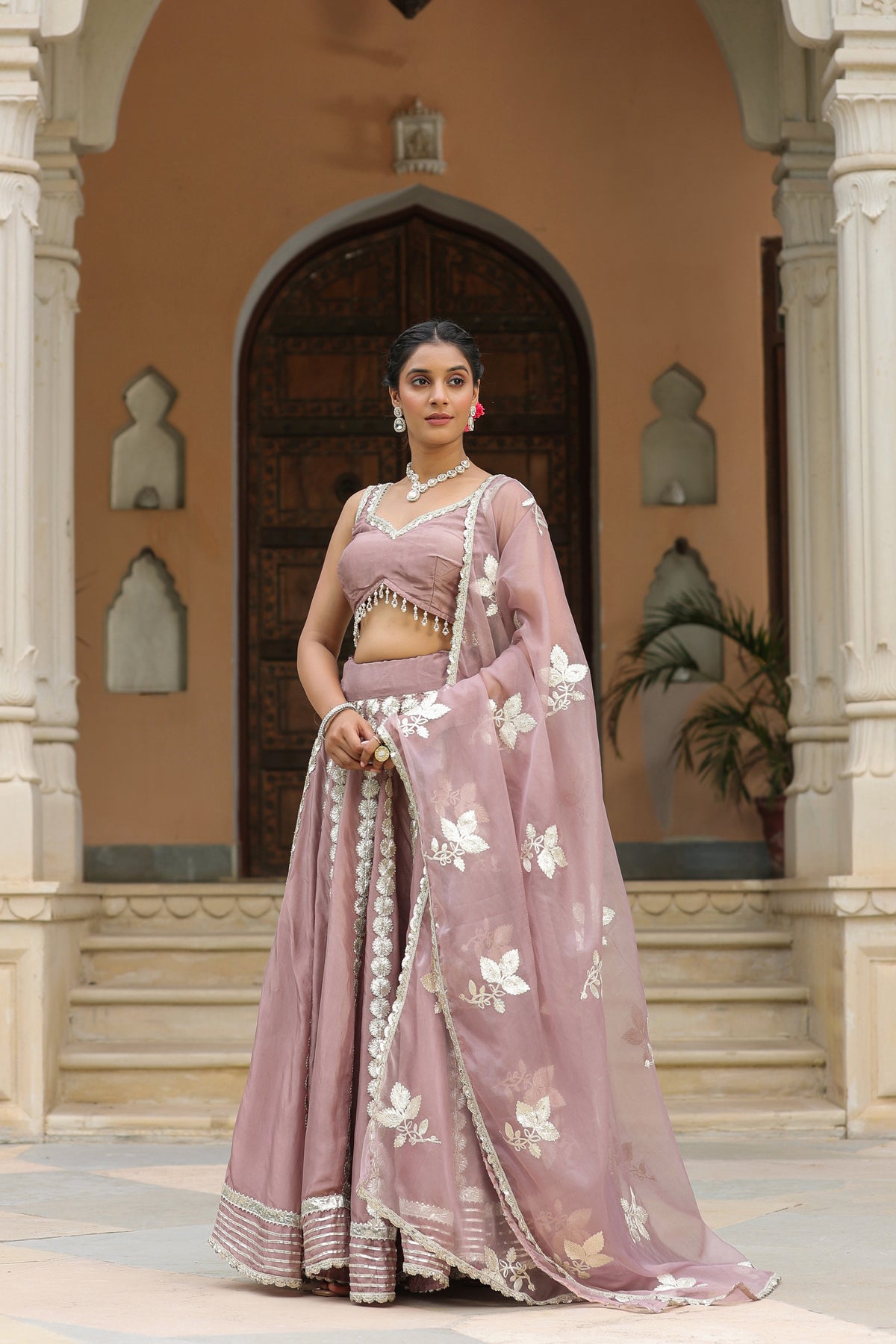 Thatch Pink Gota Lace Work Natural Creape  Lehenga Set