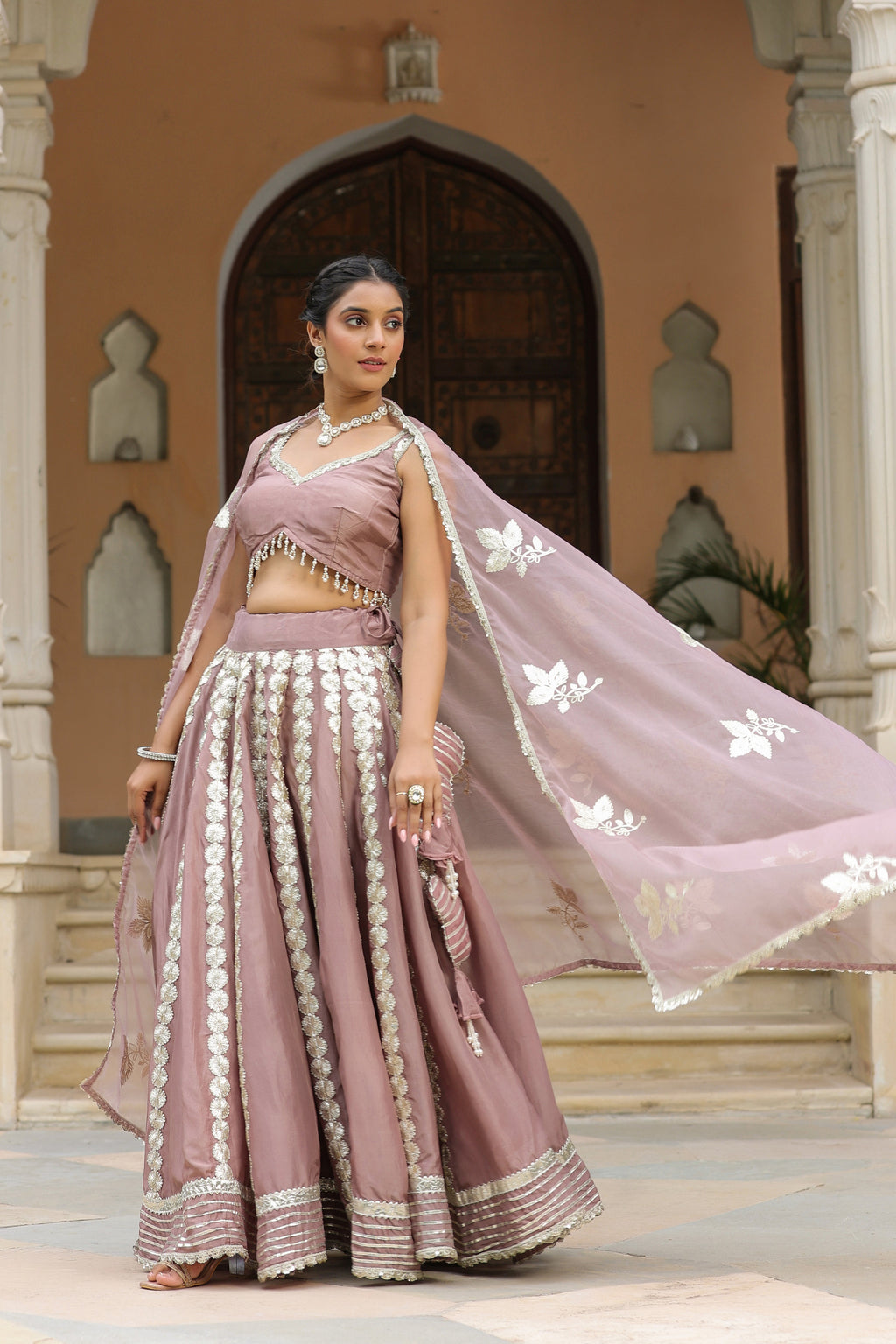Thatch Pink Gota Lace Work Natural Creape  Lehenga Set
