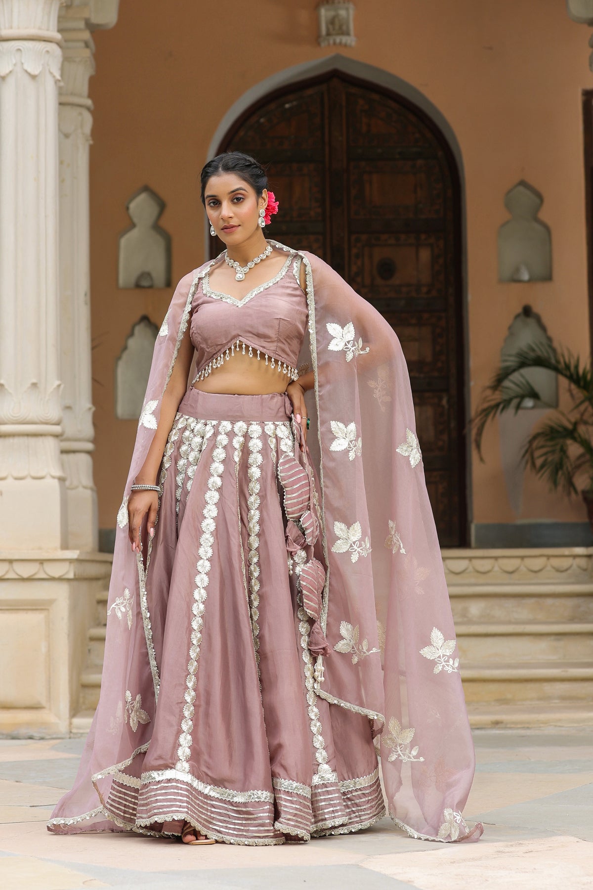Thatch Pink Gota Lace Work Natural Creape  Lehenga Set