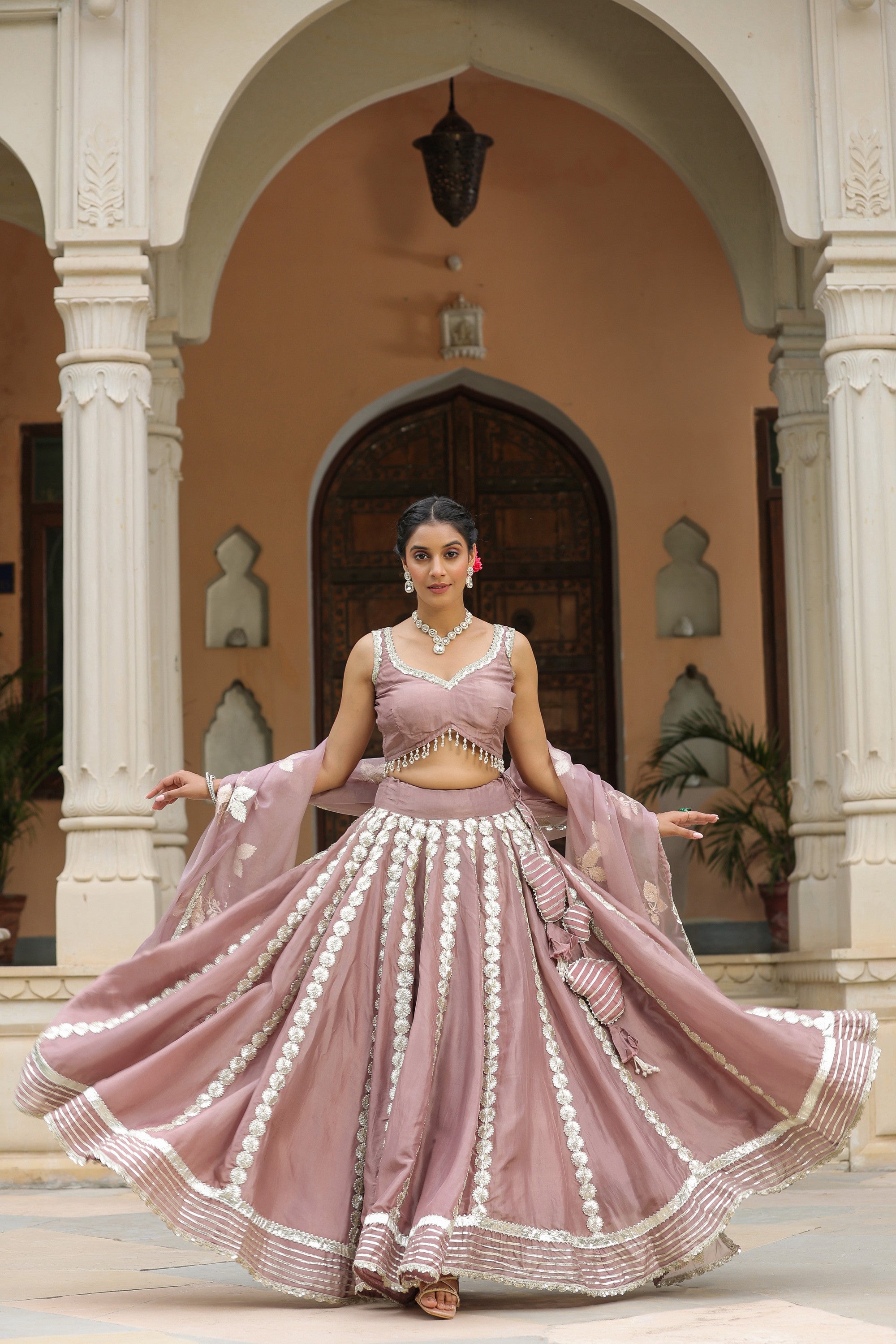Thatch Pink Gota Lace Work Natural Creape  Lehenga Set