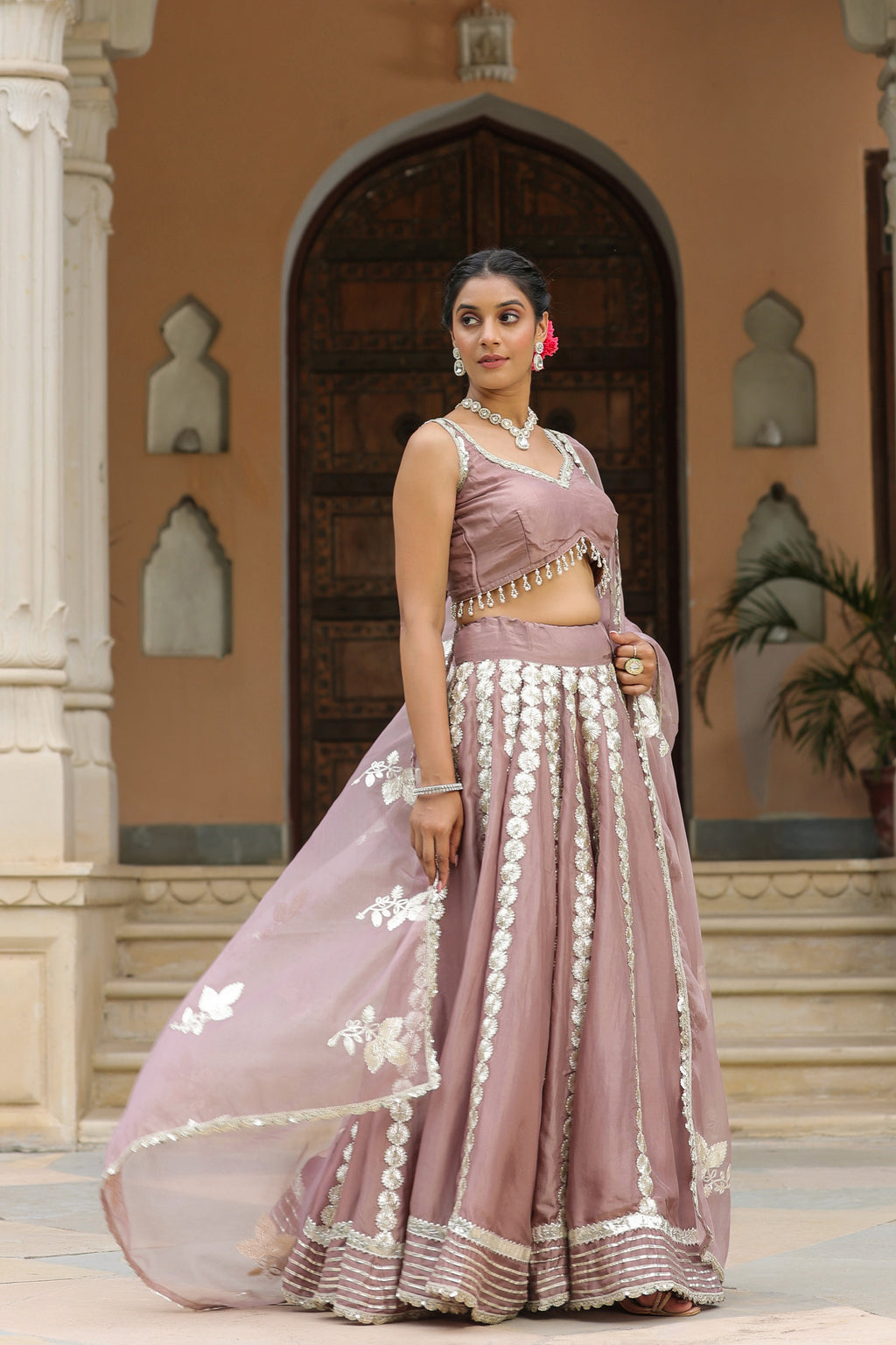 Thatch Pink Gota Lace Work Natural Creape  Lehenga Set