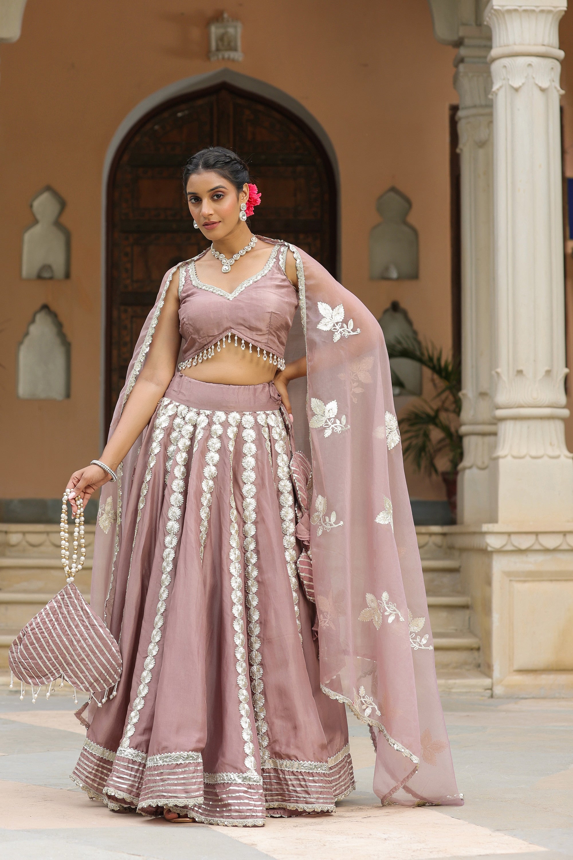 Thatch Pink Gota Lace Work Natural Creape  Lehenga Set