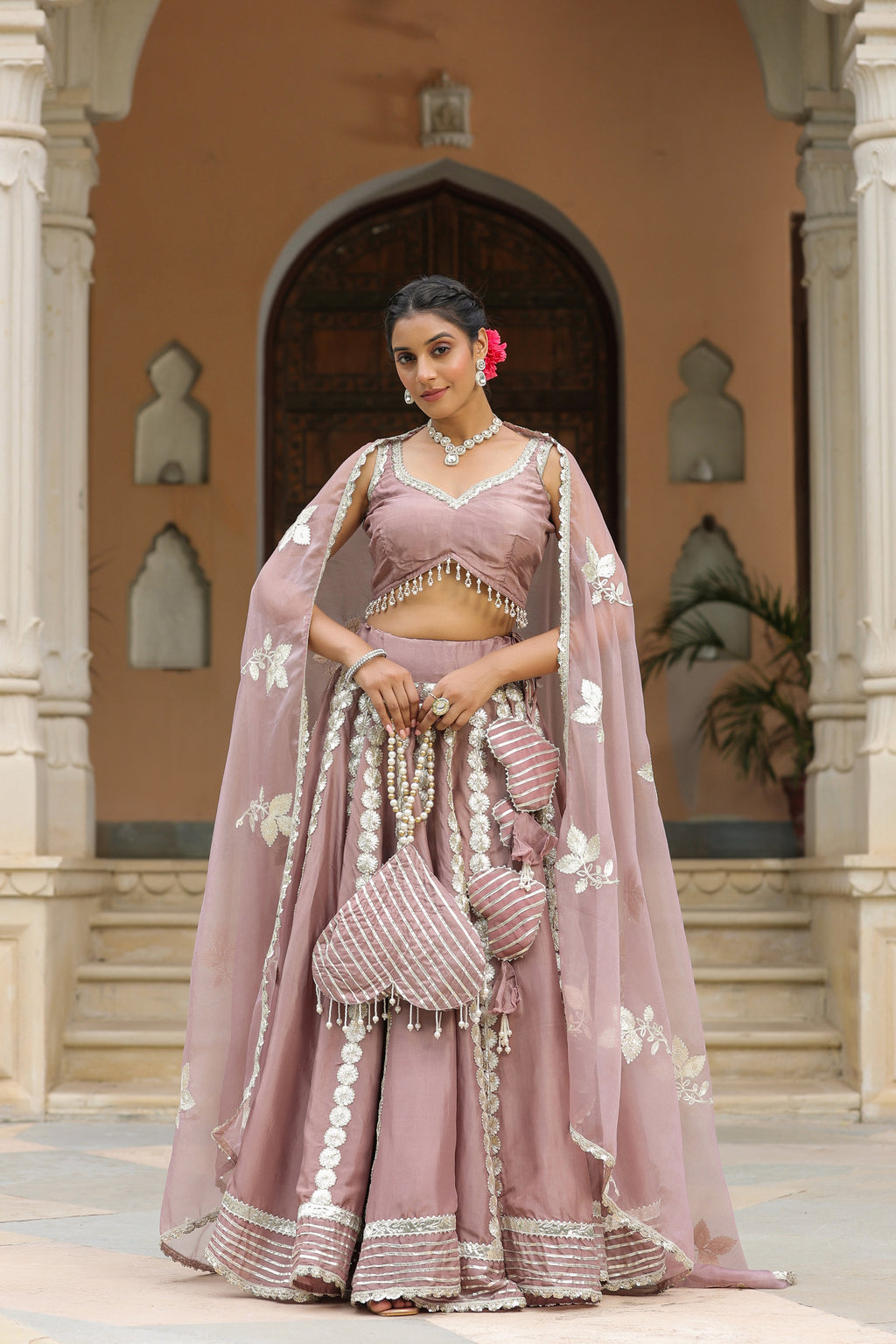 Thatch Pink Gota Lace Work Natural Creape  Lehenga Set