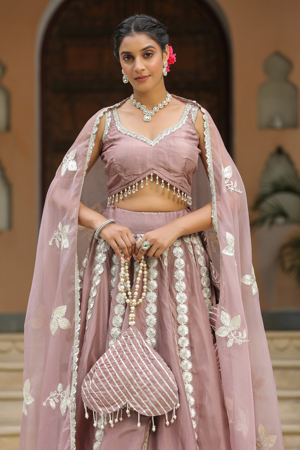 Thatch Pink Gota Lace Work Natural Creape  Lehenga Set