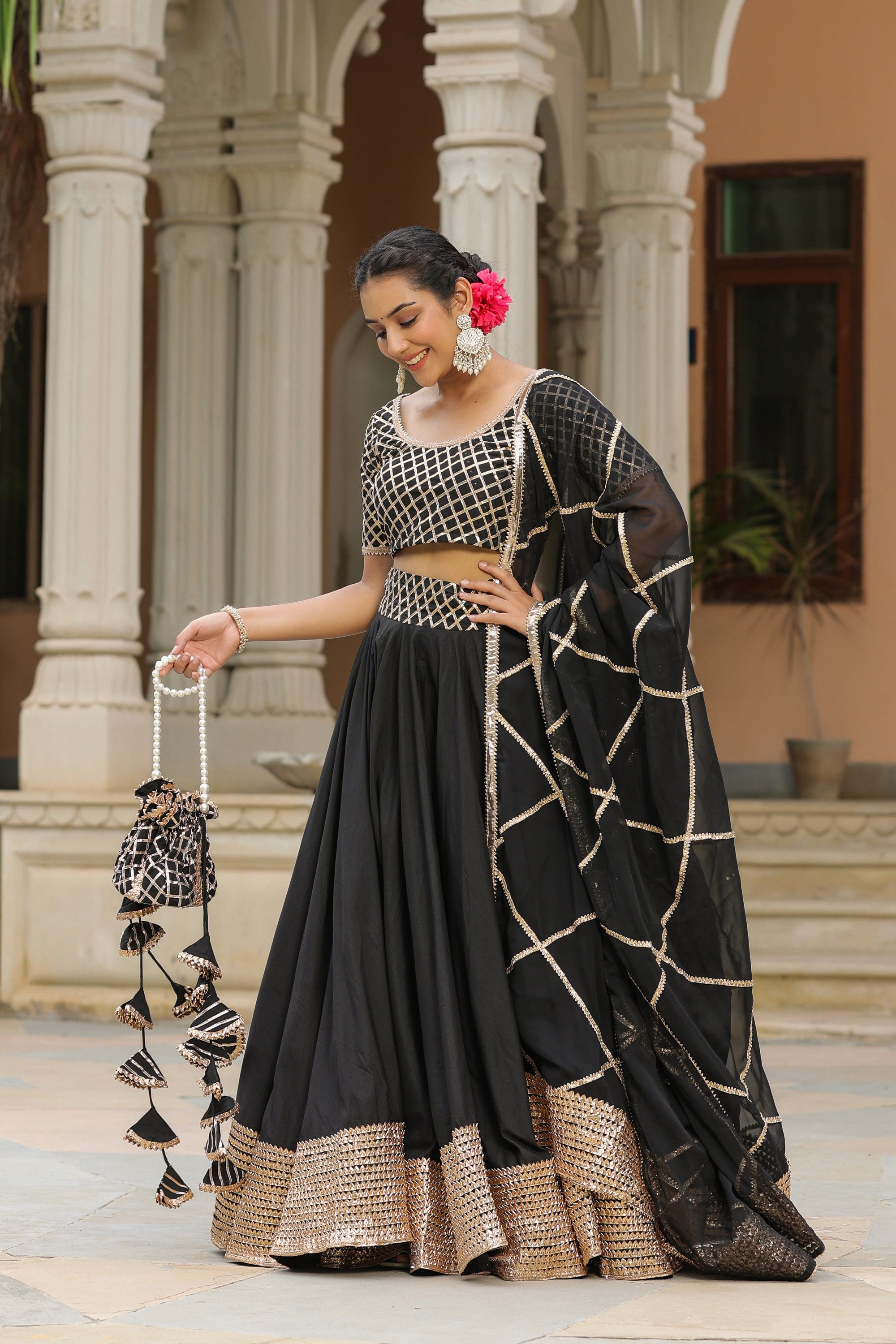 Pearl Black Pure Cotton Slik Lehenga Set