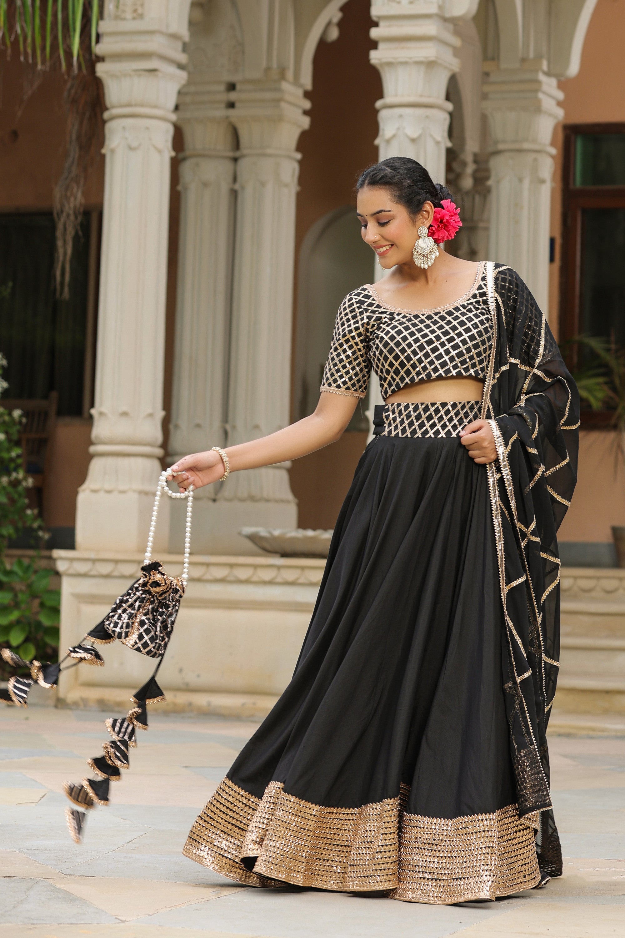 Pearl Black Pure Cotton Slik Lehenga Set