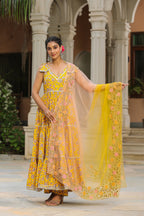 Saffron Yellow Cotton Sleeveless  Anarkali Suit Set