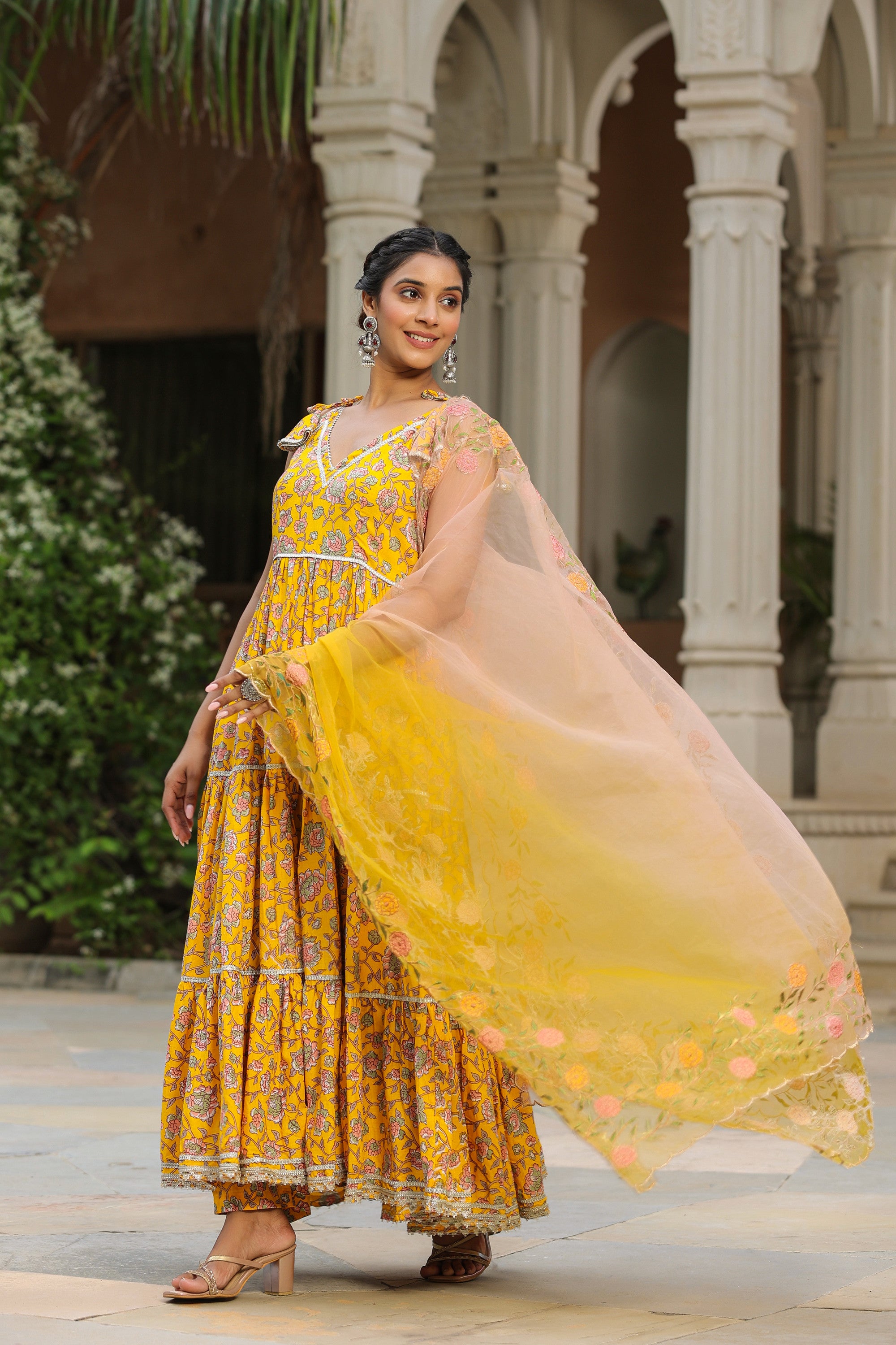 Saffron Yellow Cotton Sleeveless  Anarkali Suit Set
