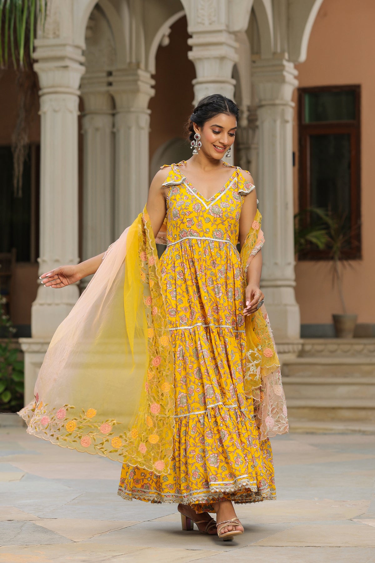 Saffron Yellow Cotton Sleeveless  Anarkali Suit Set
