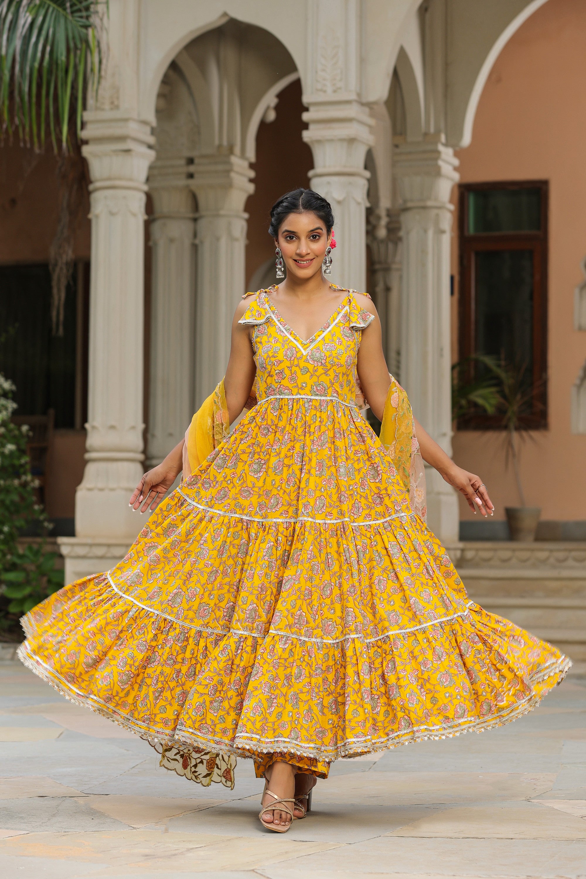 Saffron Yellow Cotton Sleeveless  Anarkali Suit Set