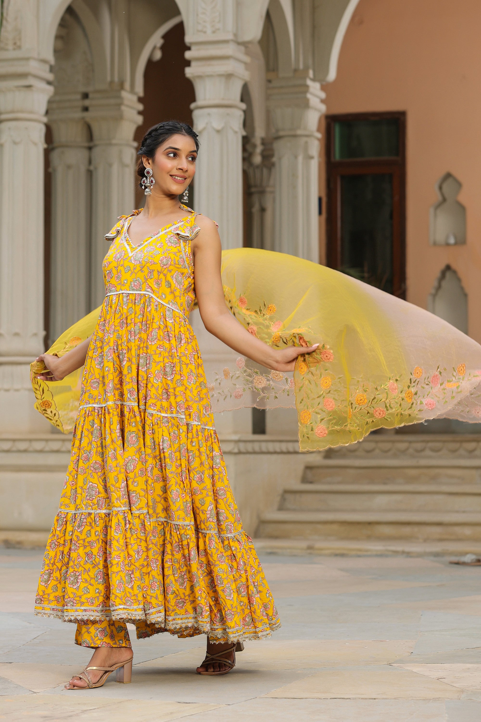 Saffron Yellow Cotton Sleeveless  Anarkali Suit Set