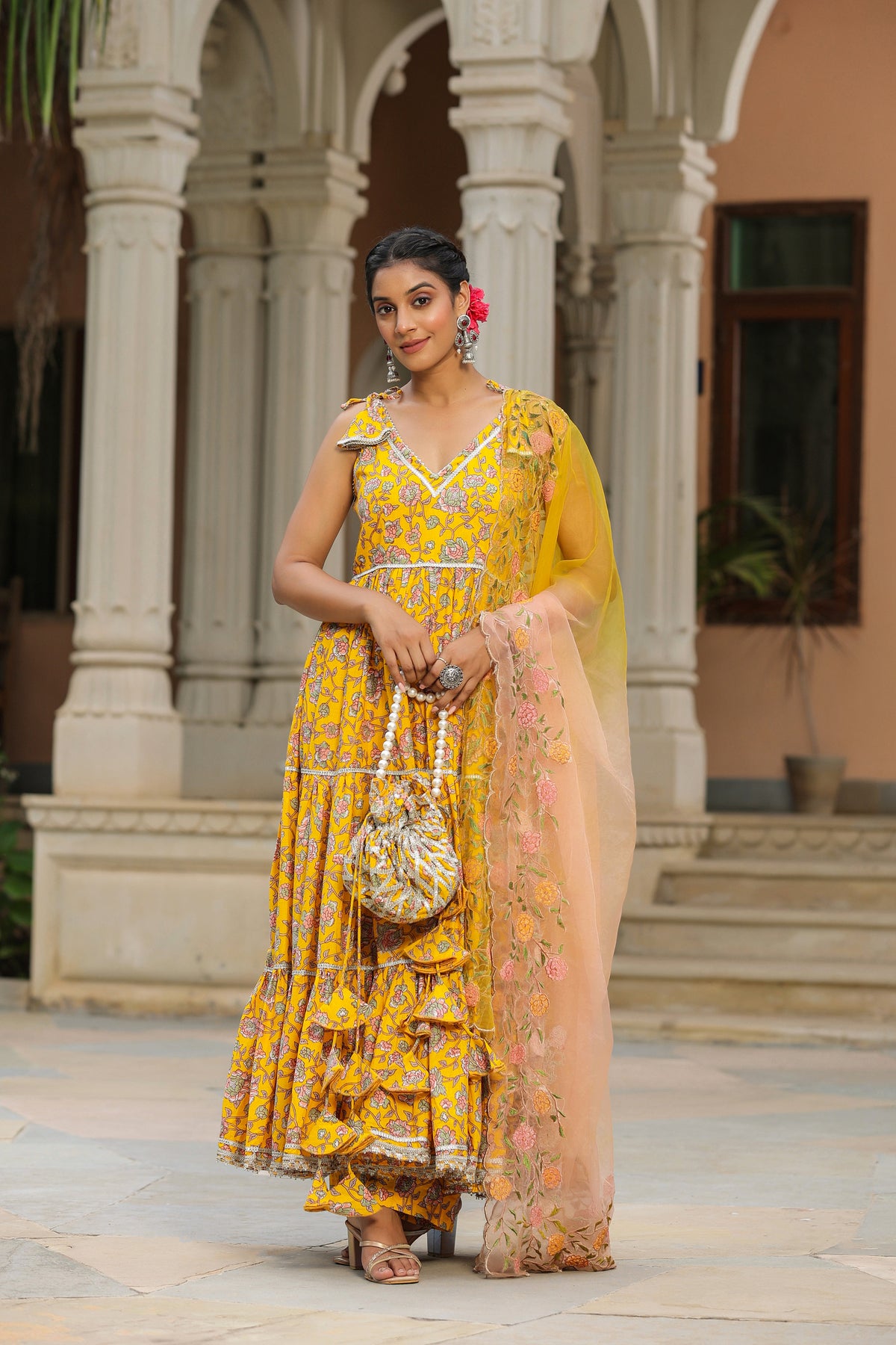 Saffron Yellow Cotton Sleeveless  Anarkali Suit Set