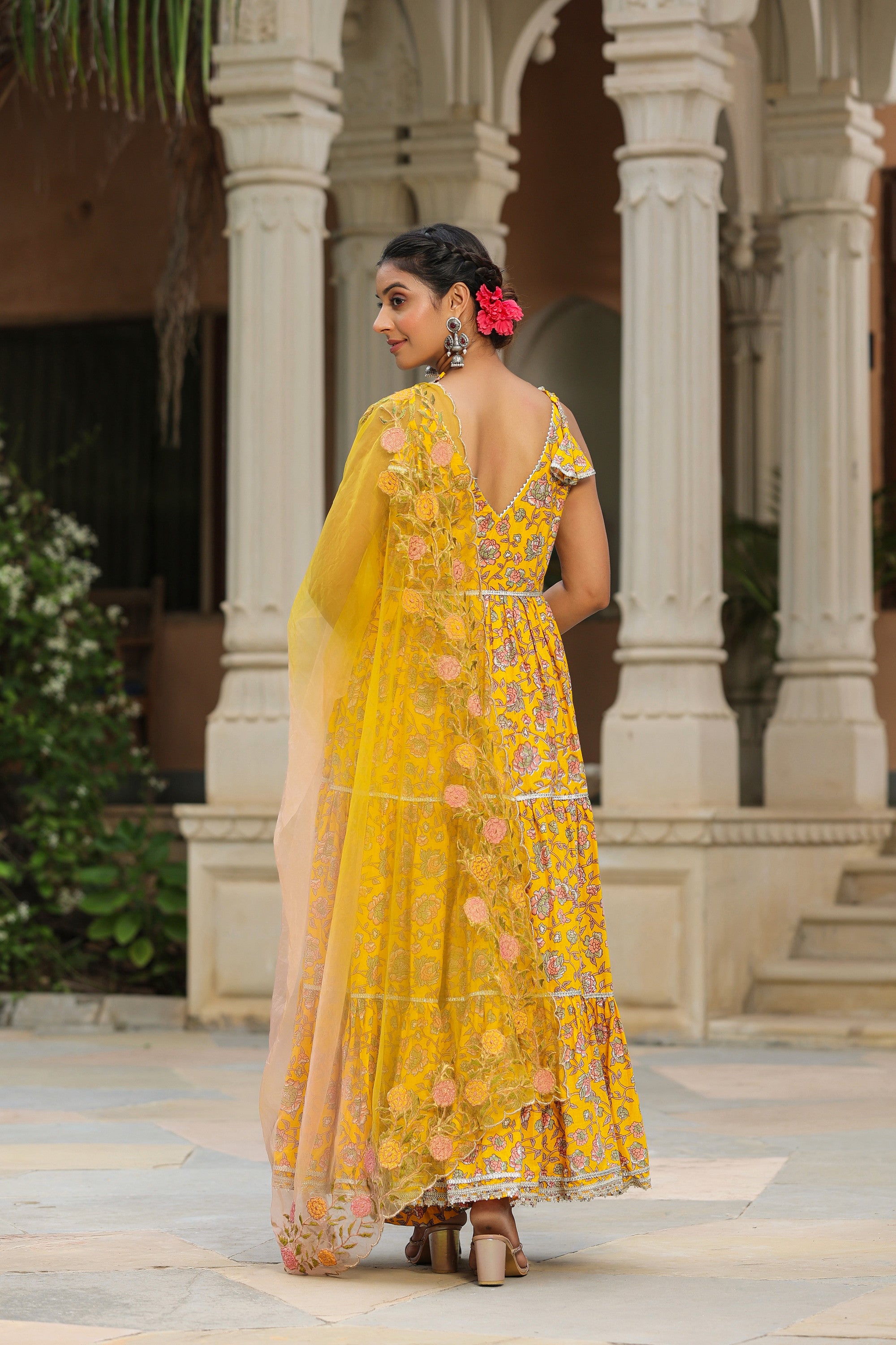 Saffron Yellow Cotton Sleeveless  Anarkali Suit Set