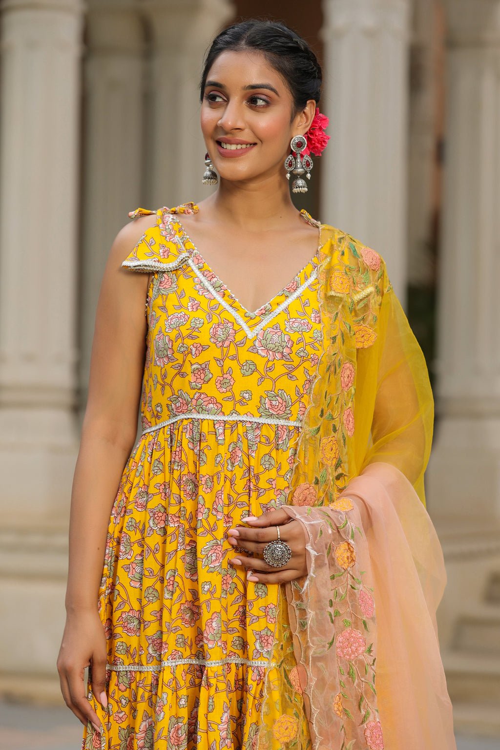 Saffron Yellow Cotton Sleeveless  Anarkali Suit Set