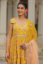 Saffron Yellow Cotton Sleeveless  Anarkali Suit Set