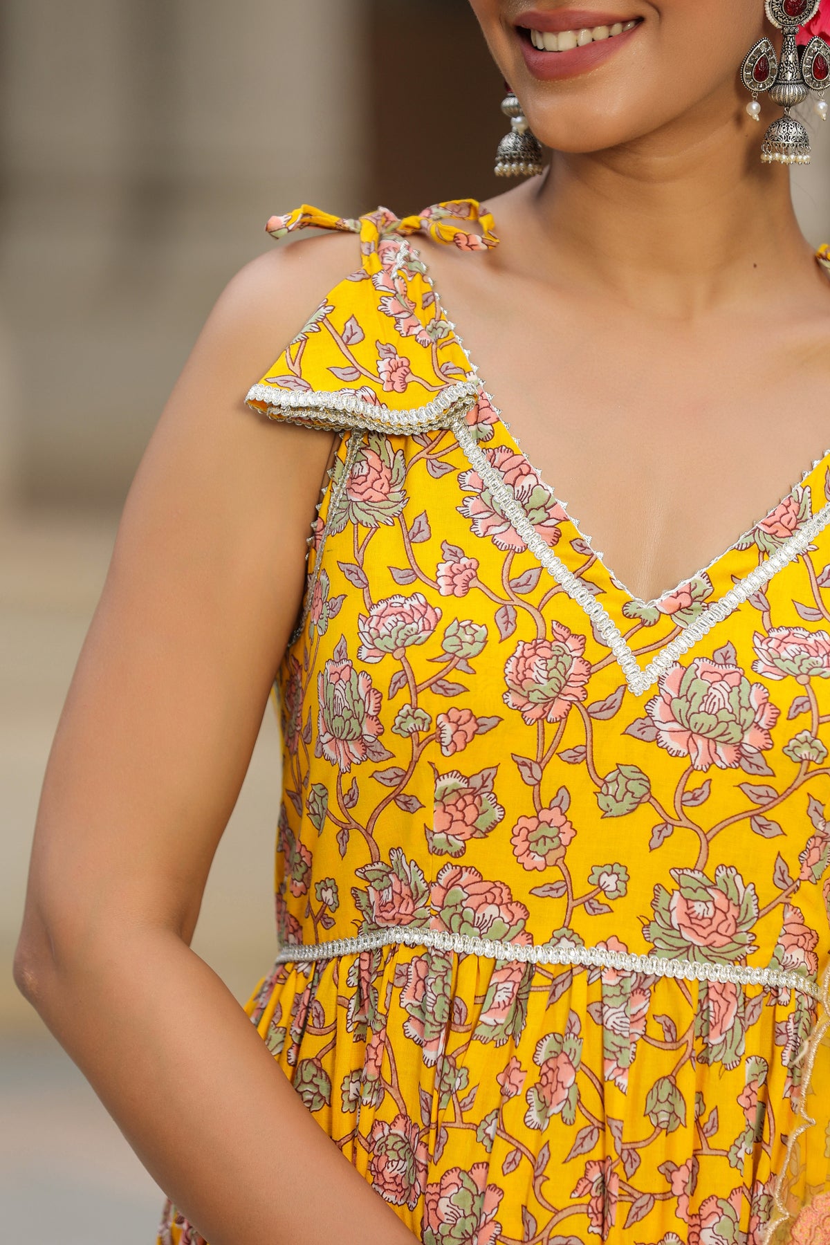 Saffron Yellow Cotton Sleeveless  Anarkali Suit Set