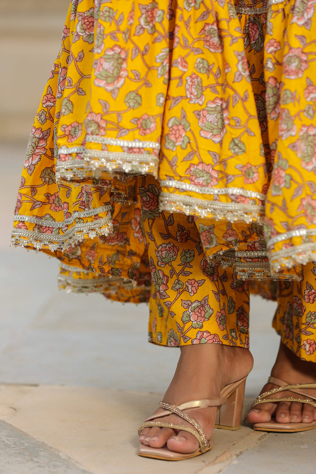 Saffron Yellow Cotton Sleeveless  Anarkali Suit Set