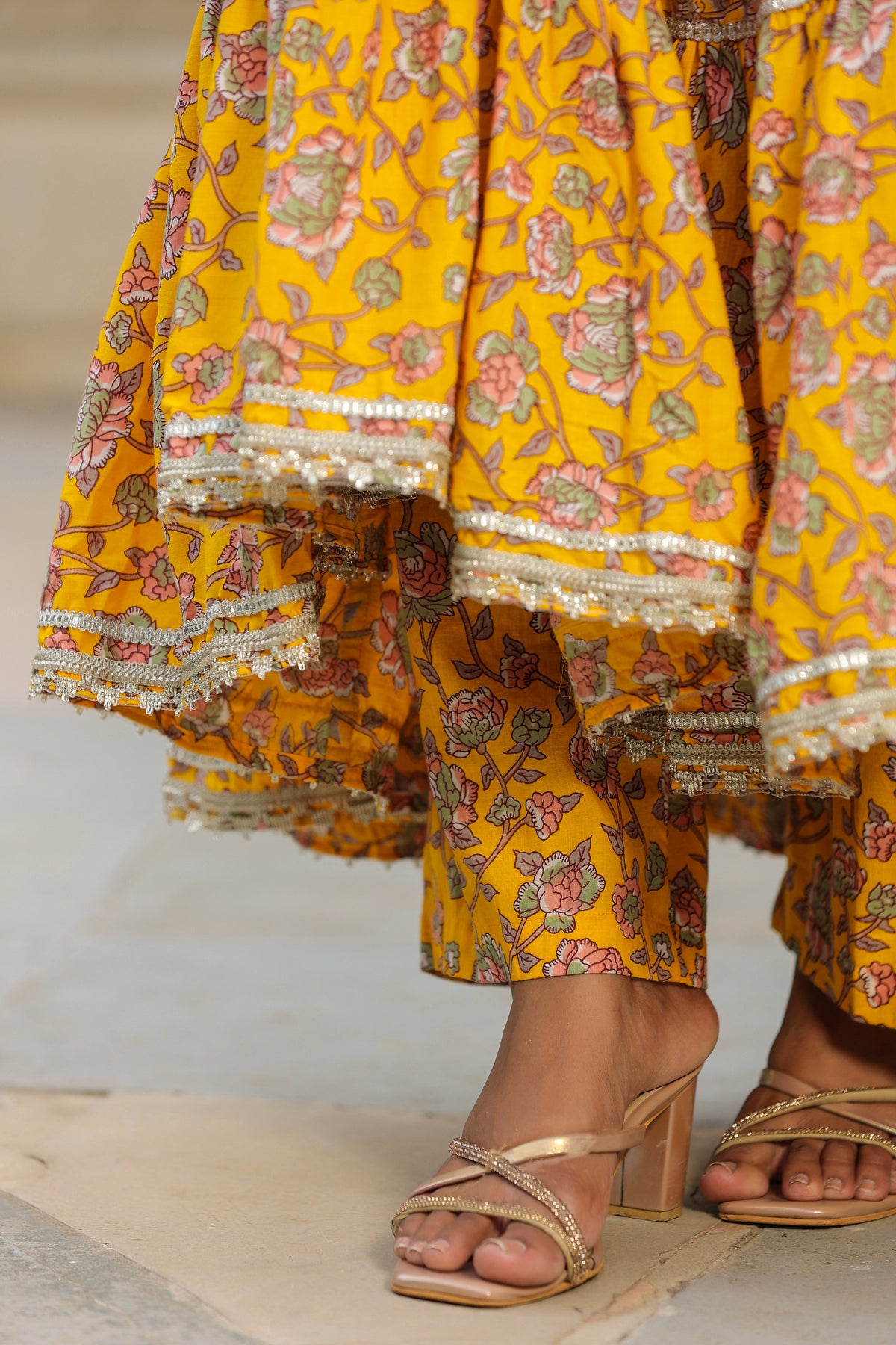 Saffron Yellow Cotton Sleeveless  Anarkali Suit Set