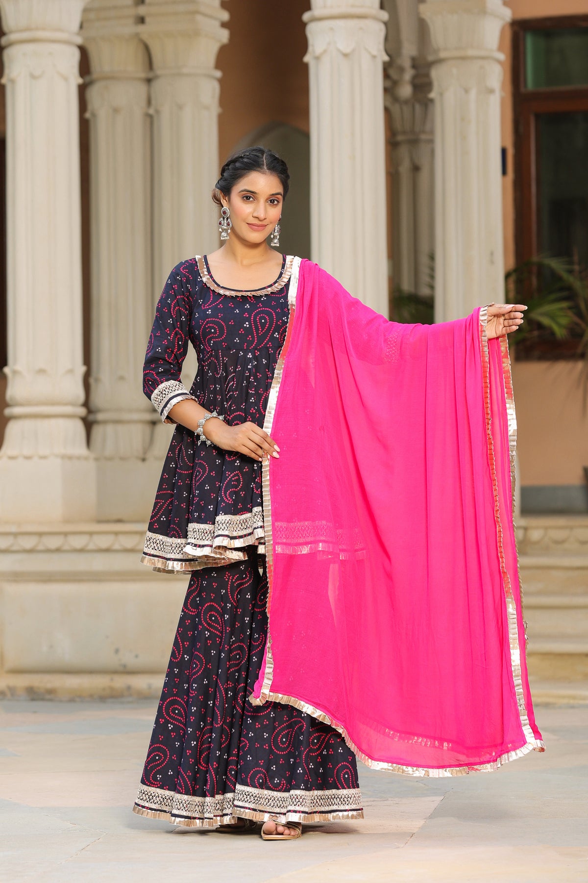 Mulberry Blue Bandhani Cotton Sharara Set