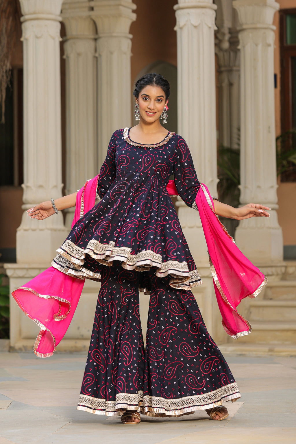 Mulberry Blue Bandhani Cotton Sharara Set