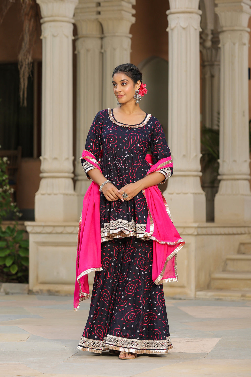 Mulberry Blue Bandhani Cotton Sharara Set