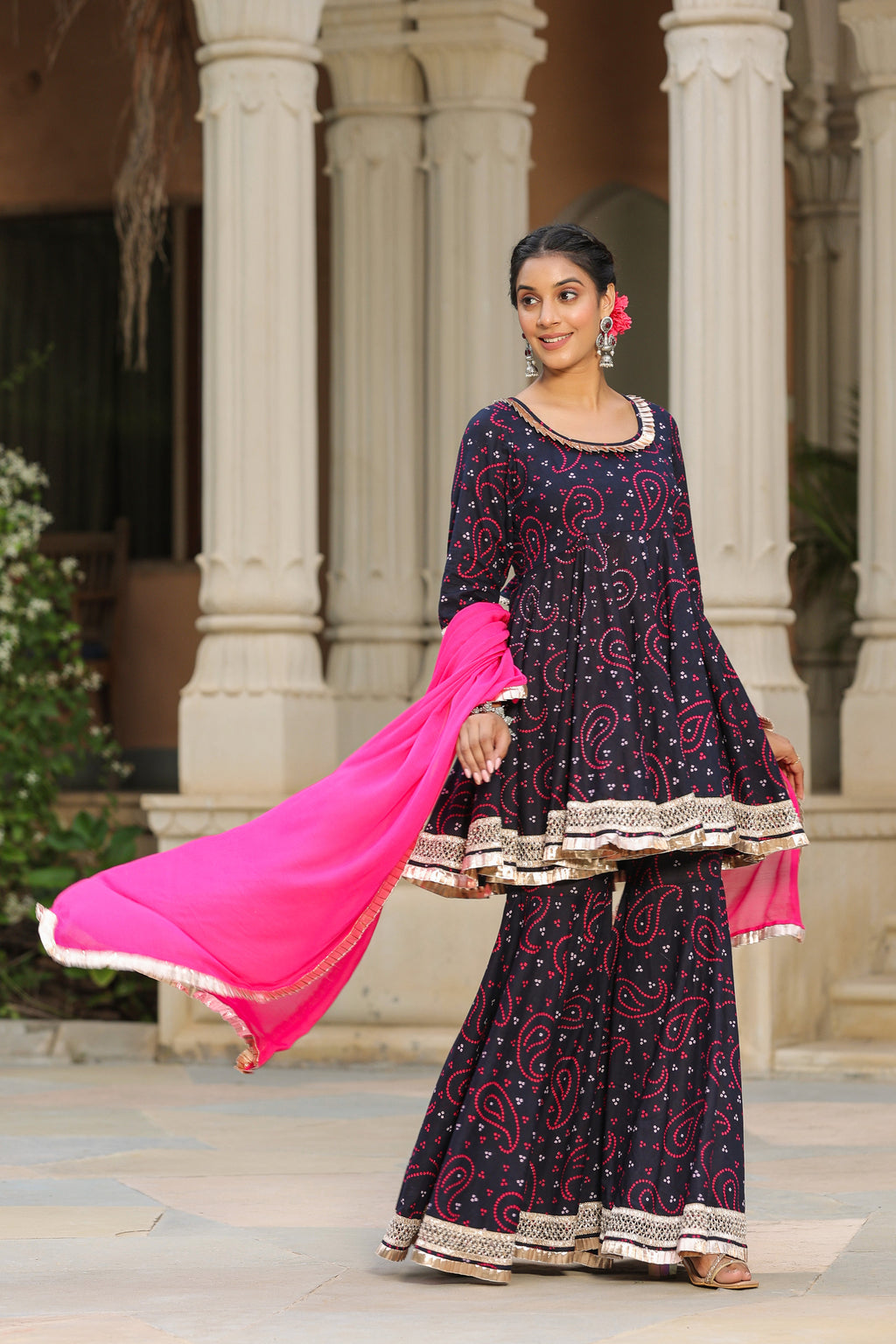 Mulberry Blue Bandhani Cotton Sharara Set