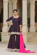 Mulberry Blue Bandhani Cotton Sharara Set