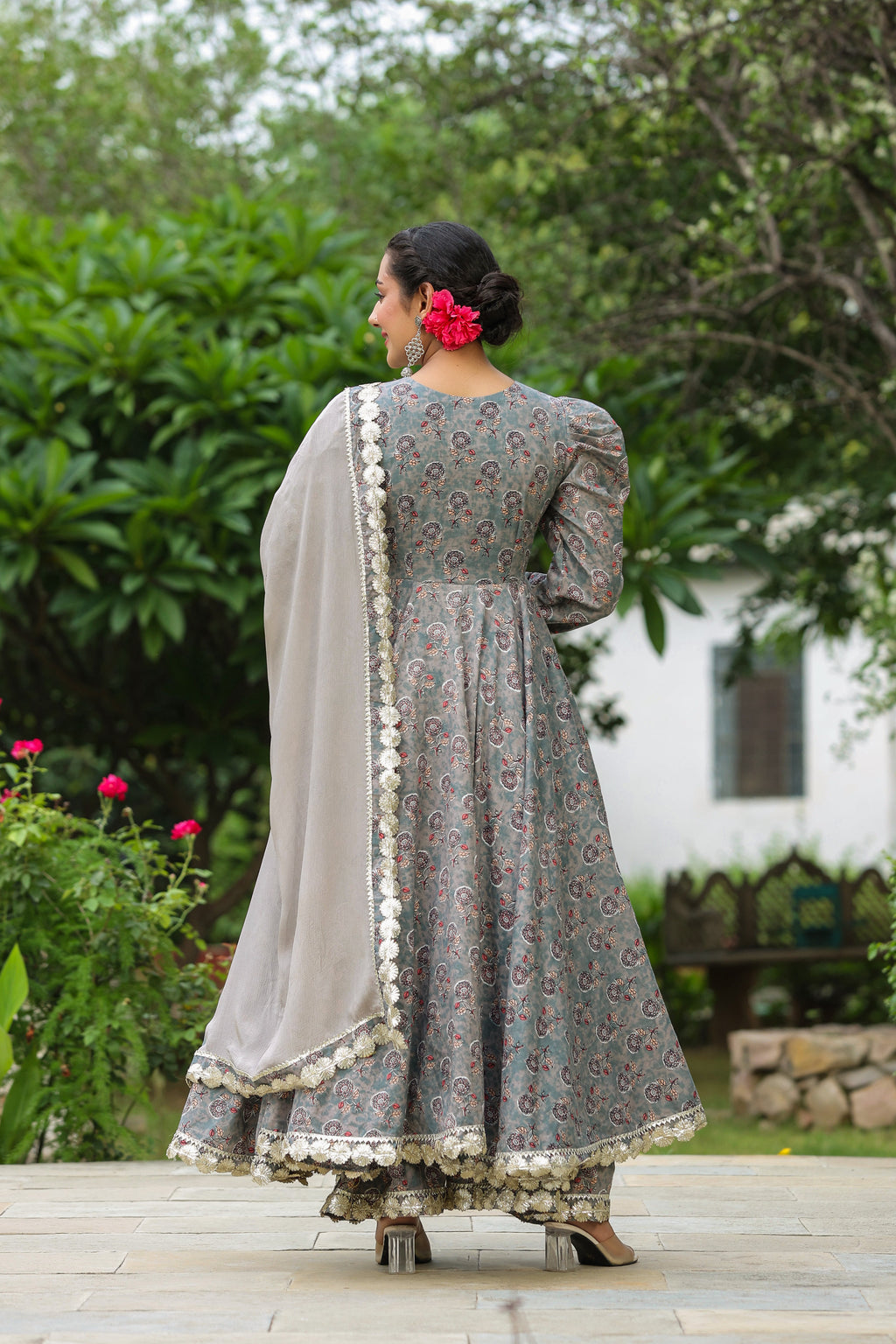 Granny Grey Cotton Gota Anarkali Suit Set