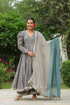 Granny Grey Cotton Gota Anarkali Suit Set