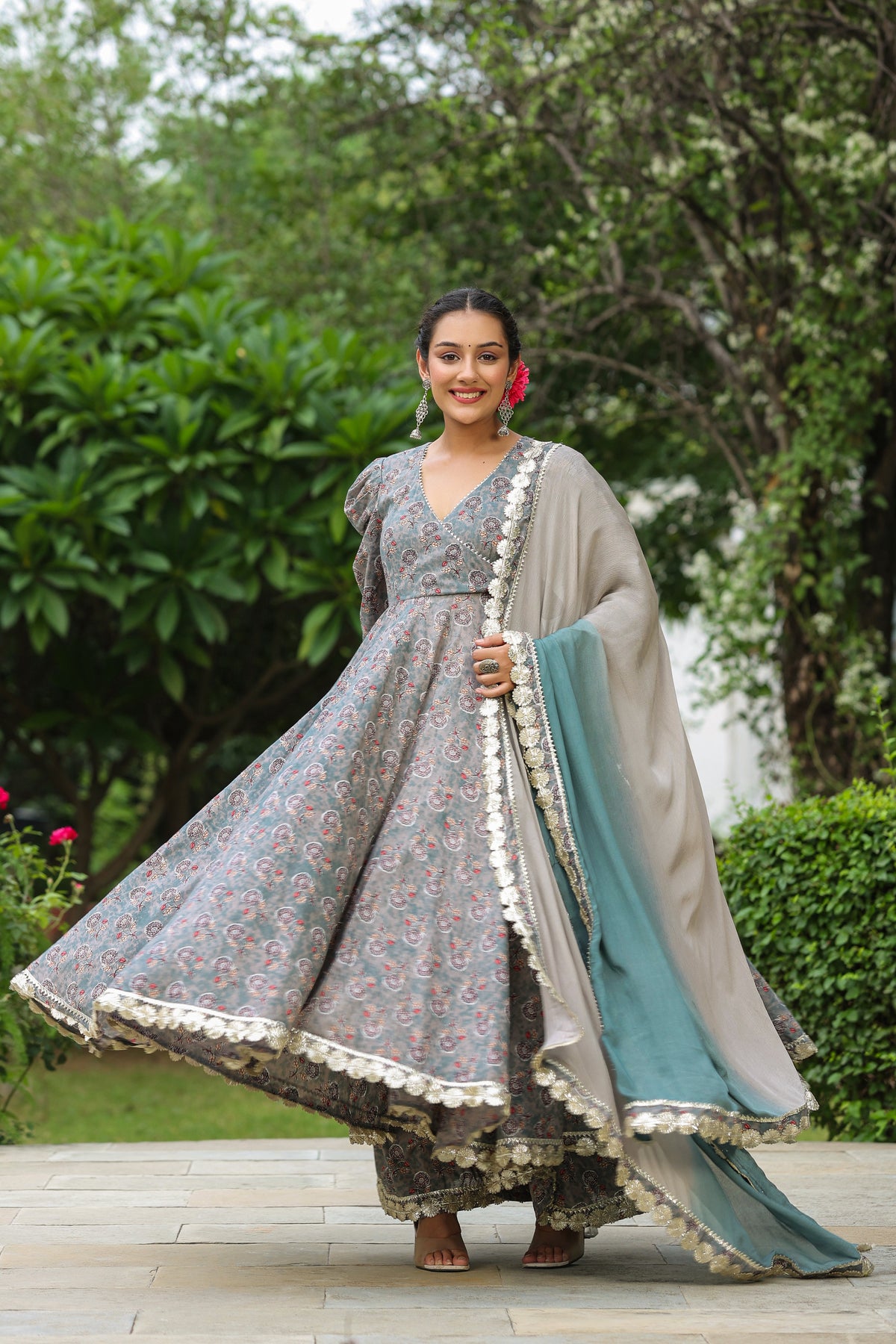 Granny Grey Cotton Gota Anarkali Suit Set