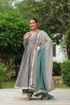 Granny Grey Cotton Gota Anarkali Suit Set
