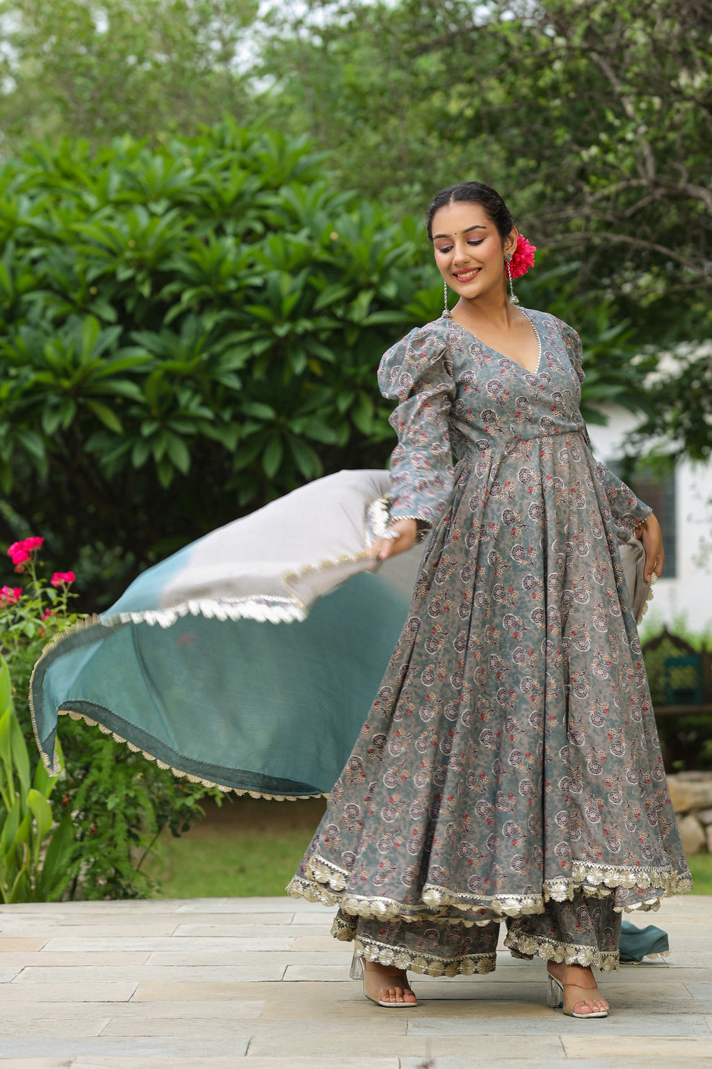 Granny Grey Cotton Gota Anarkali Suit Set