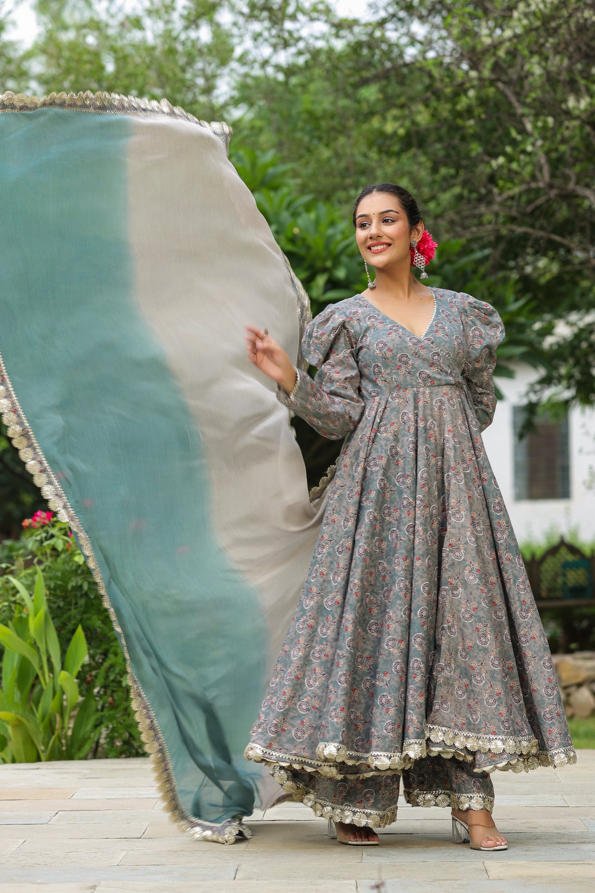 Granny Grey Cotton Gota Anarkali Suit Set