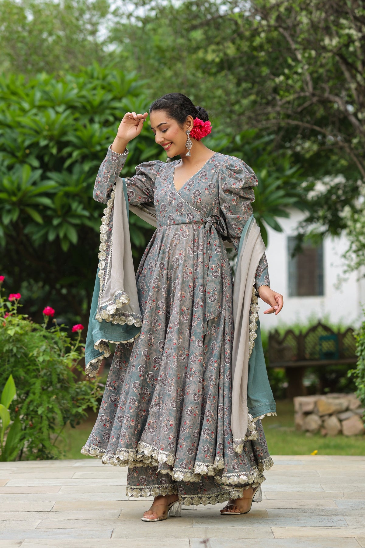 Granny Grey Cotton Gota Anarkali Suit Set