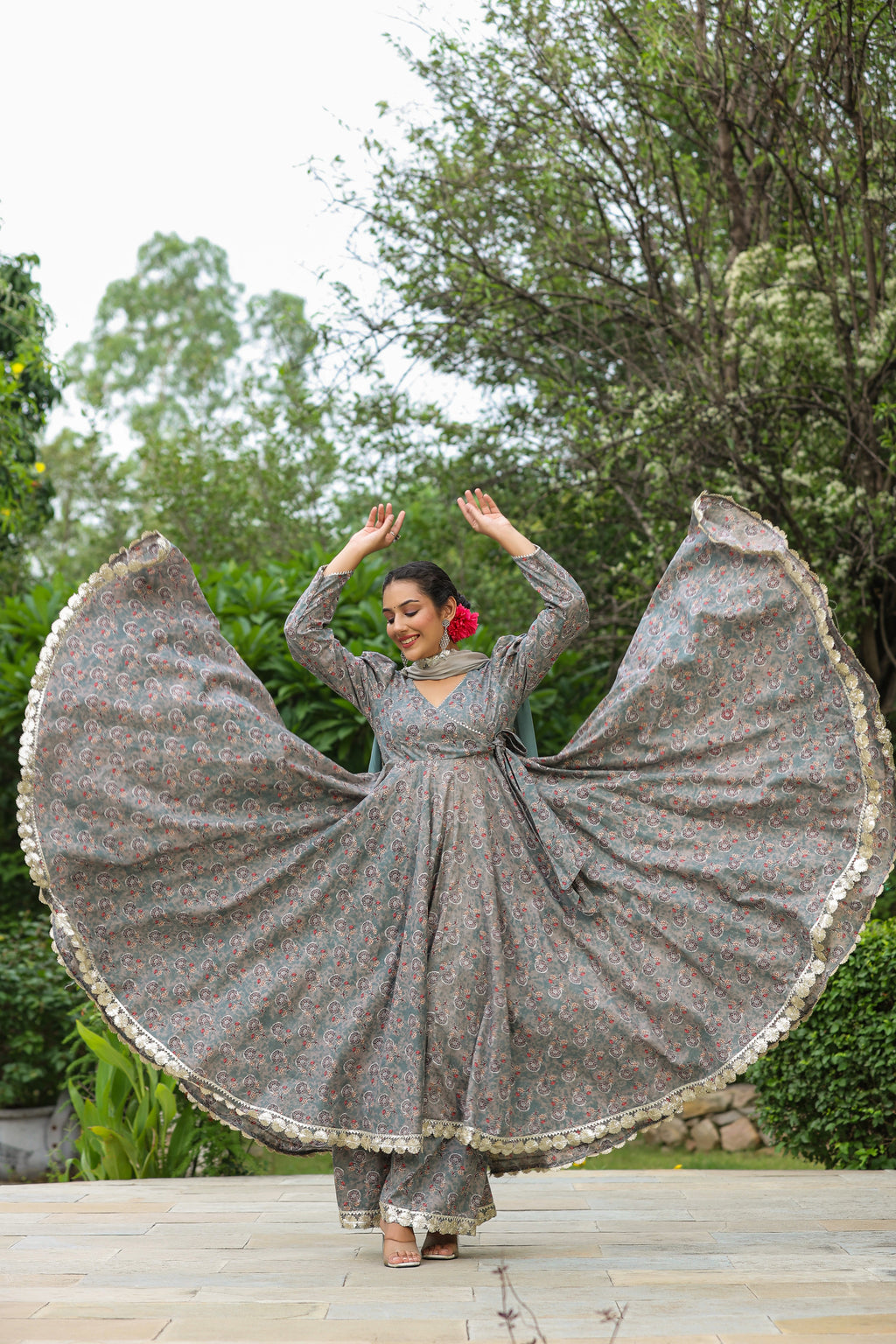 Granny Grey Cotton Gota Anarkali Suit Set