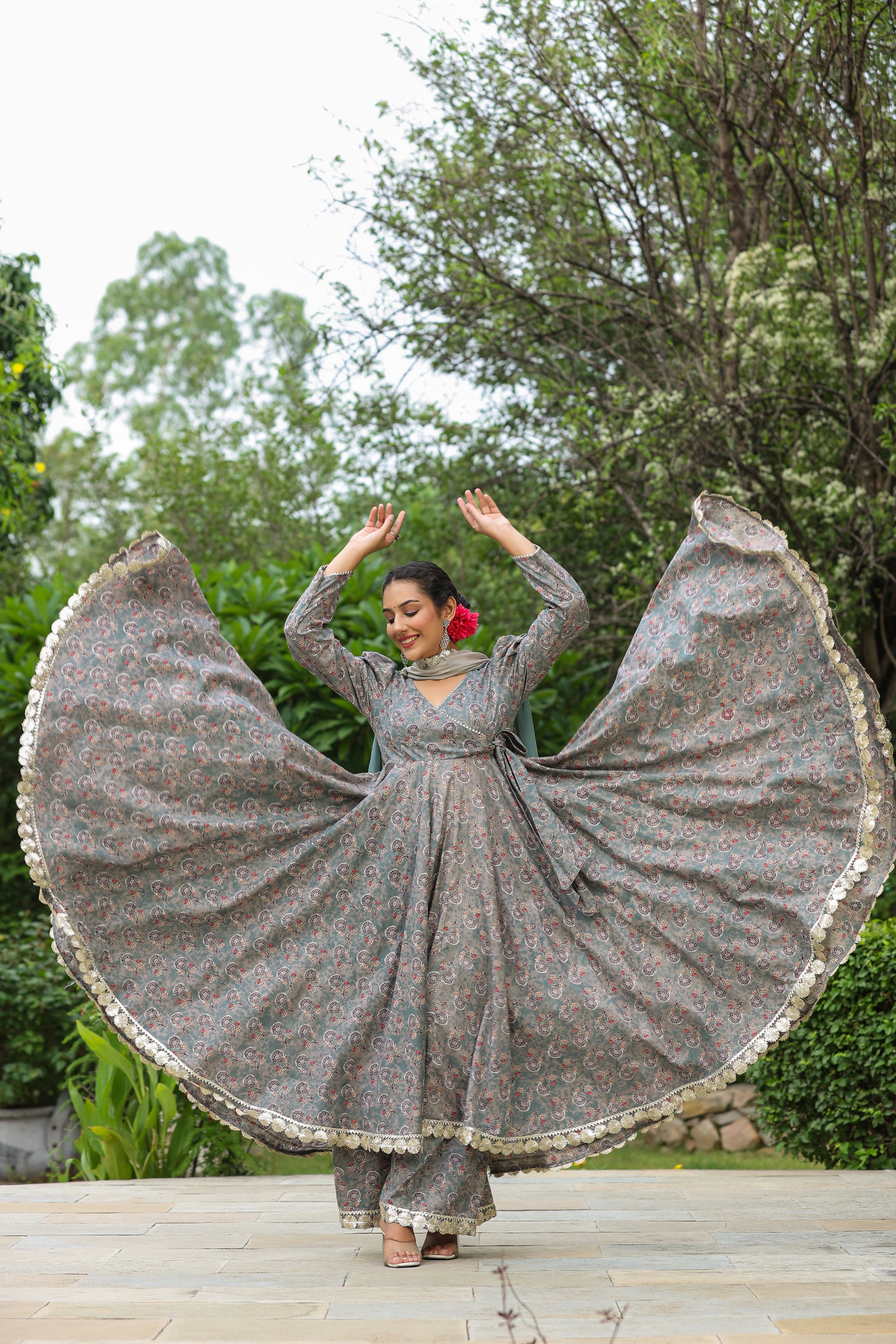 Granny Grey Cotton Gota Anarkali Suit Set