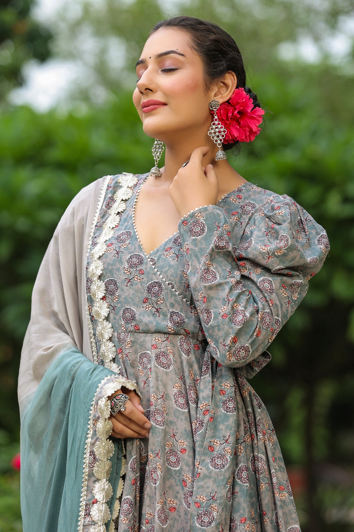Granny Grey Cotton Gota Anarkali Suit Set