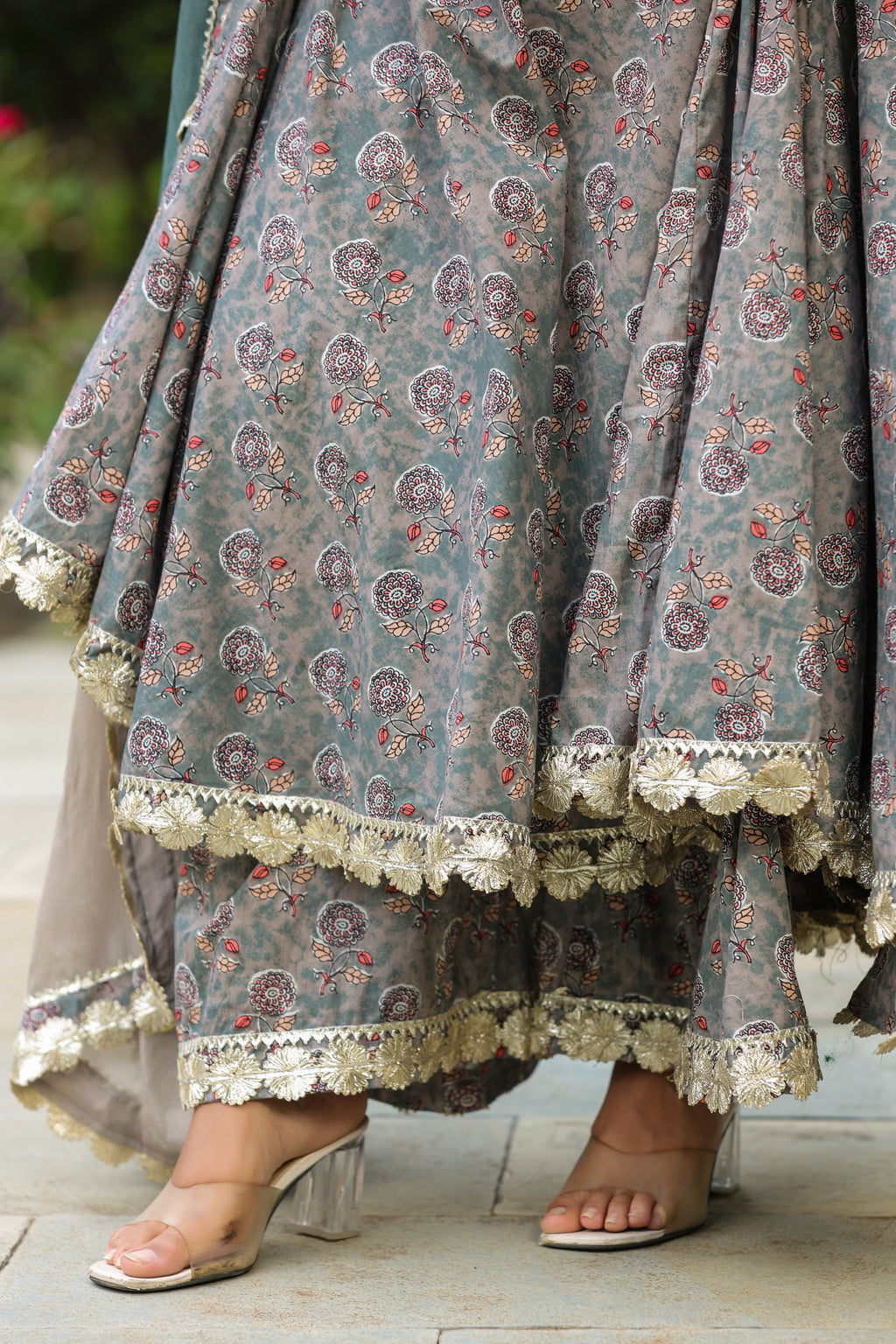 Granny Grey Cotton Gota Anarkali Suit Set