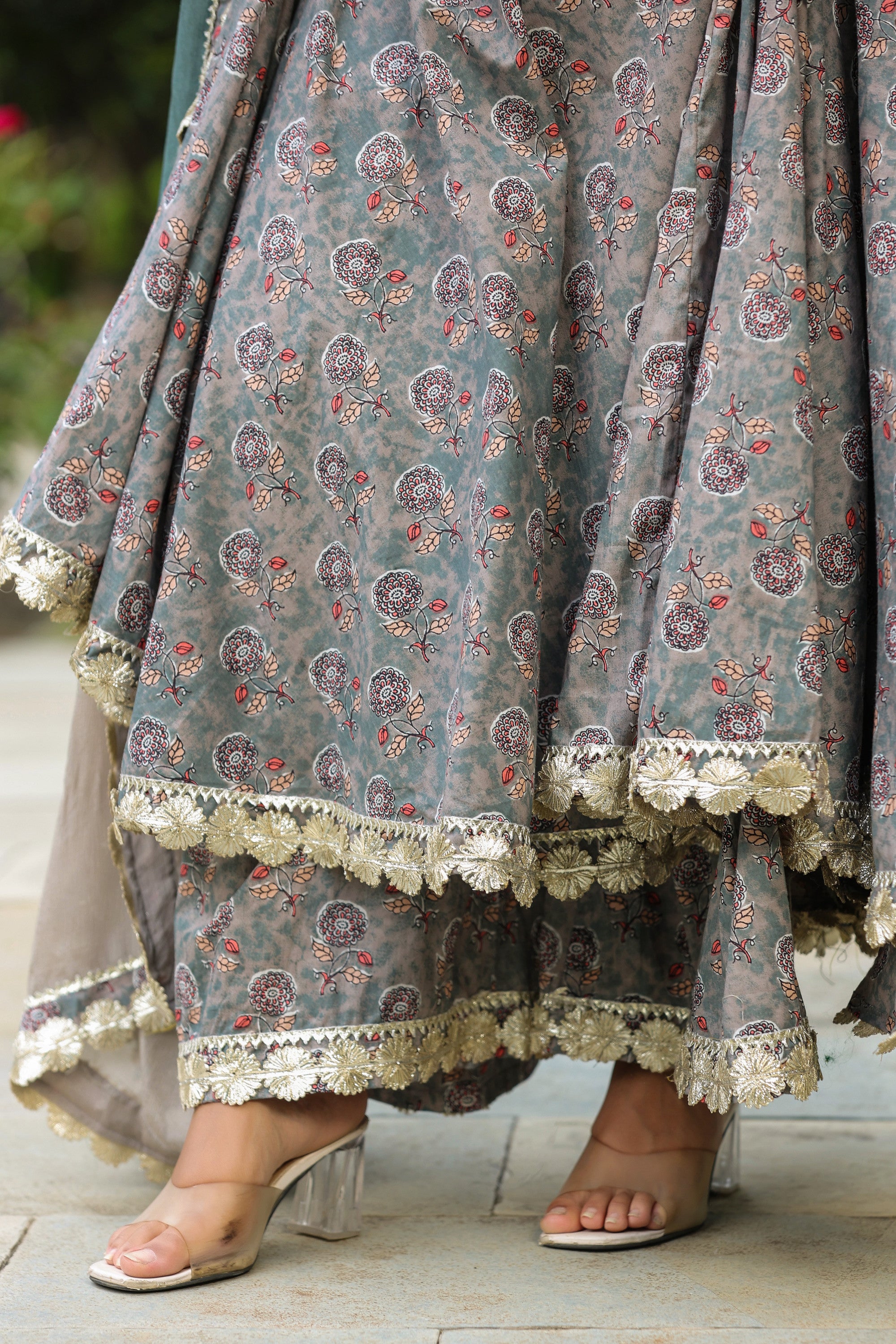 Granny Grey Cotton Gota Anarkali Suit Set