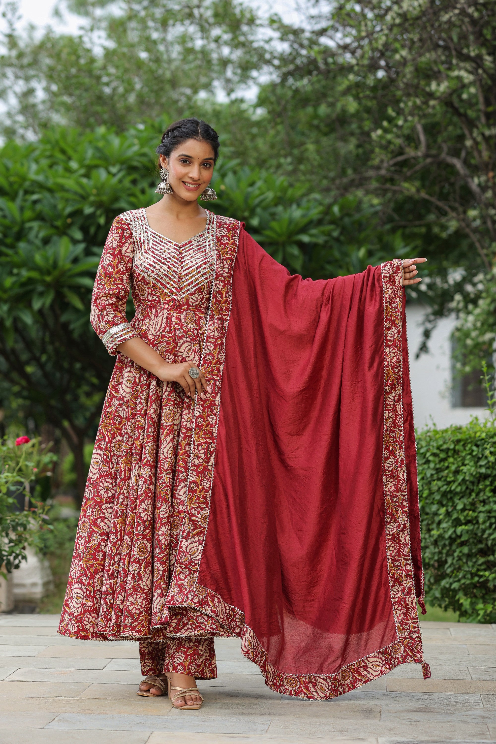 Mexican Red Cotton Anarkali Suit Set
