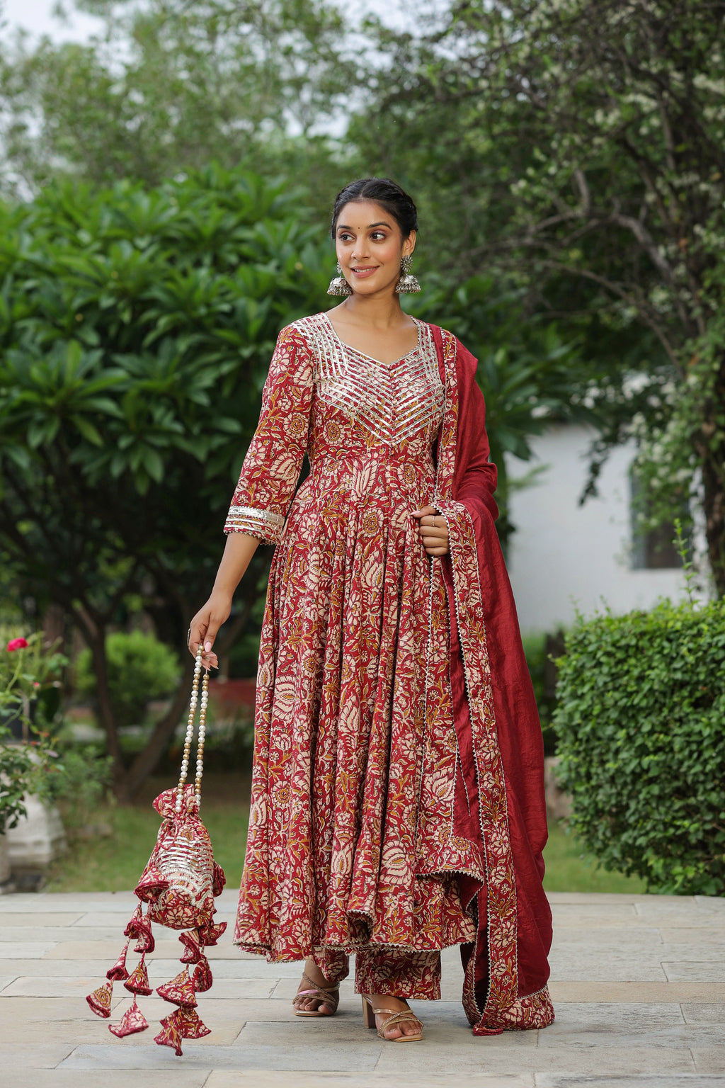 Mexican Red Cotton Anarkali Suit Set