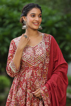 Mexican Red Cotton Anarkali Suit Set