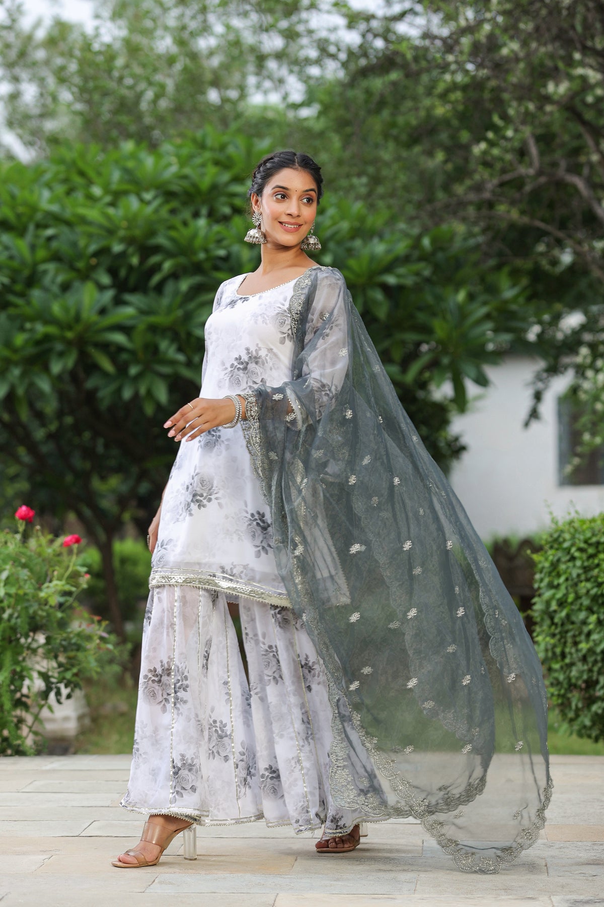 Rangitoto Grey White Georgette Sharara Set