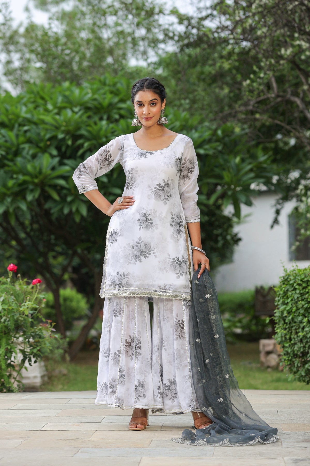 Rangitoto Grey White Georgette Sharara Set